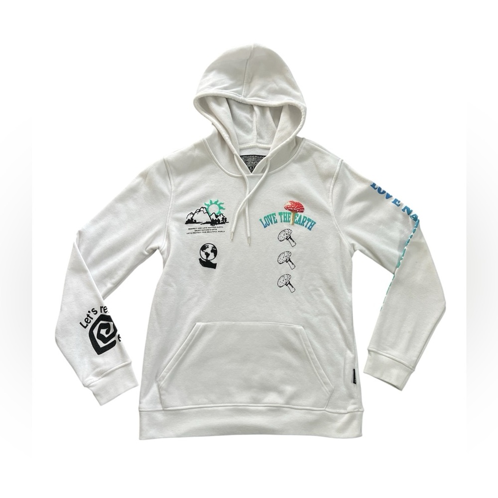Brooklyn Cloth Men’s White Doodle Graphic Pullover Hoodie Mushroom Accent Size M